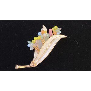 Vintage Kramer Gold Tone Leaf Spray Brooch Multi-Color Glass Beads